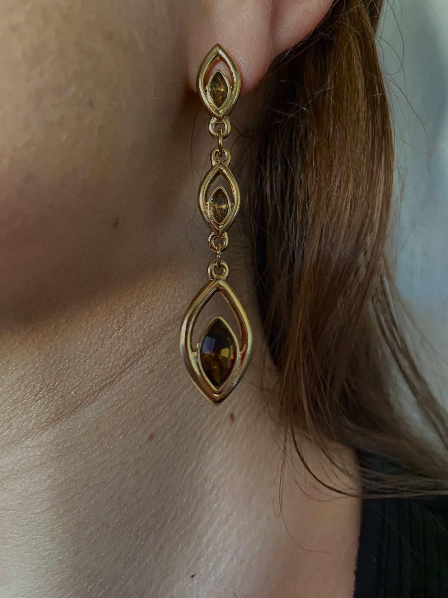 #39 Gold Dangle Earrings with Brown Crystals