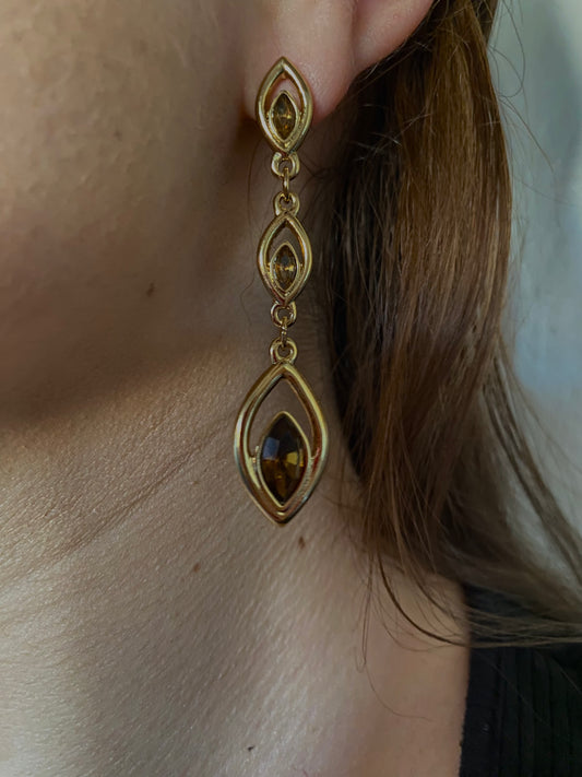 #39 Gold Dangle Earrings with Brown Crystals